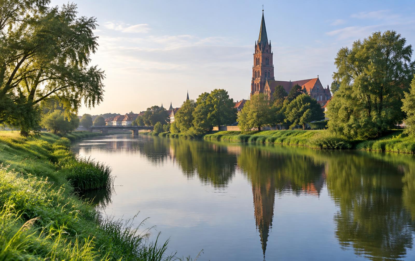 Die Aller in Verden mit Blick auf den Dom – wenige Minuten vom Hotel